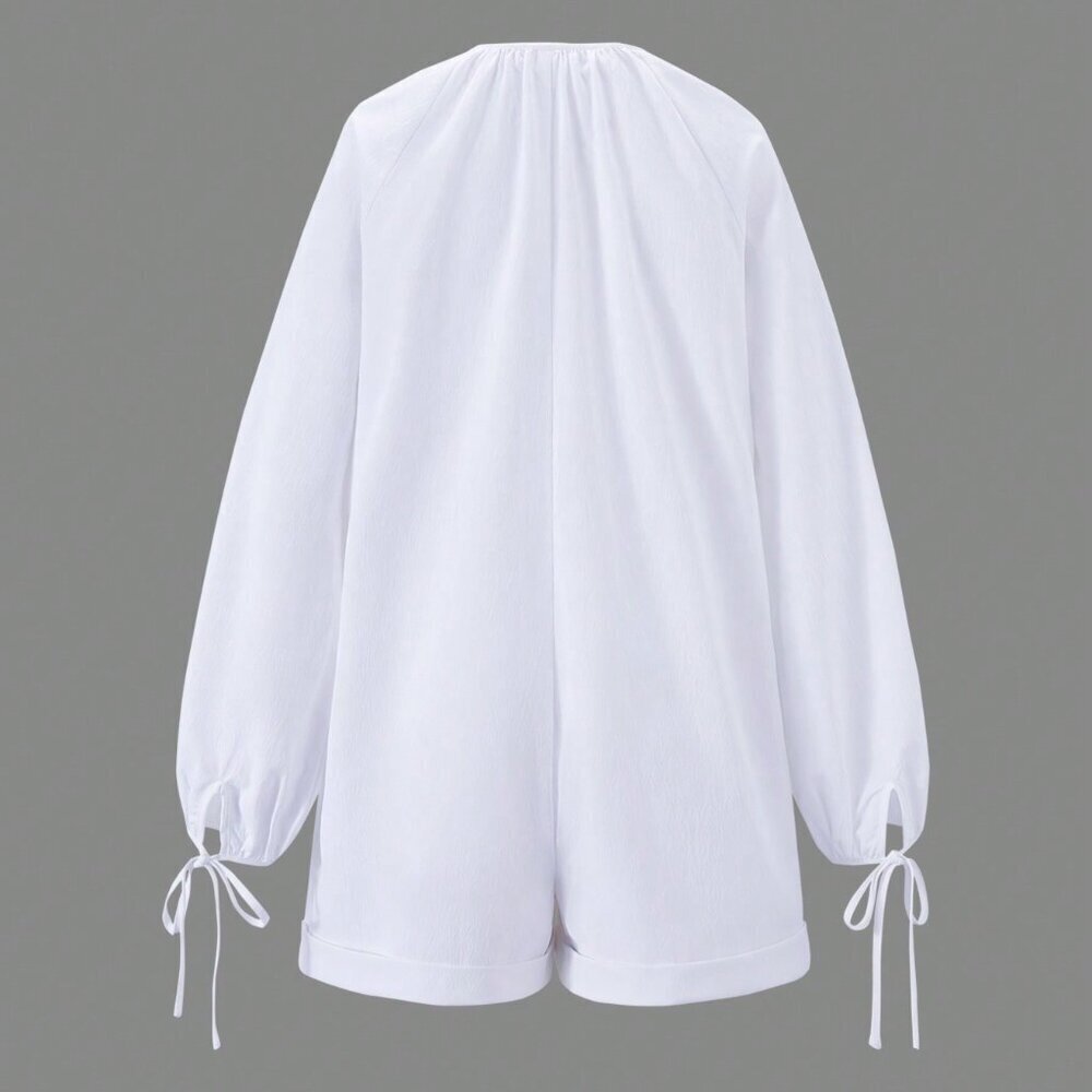 White Cute Women's Solid Color Daily Long Sleeve Romper - Picture 2 of 5